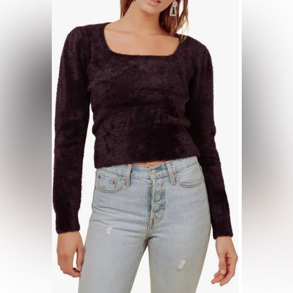 ASTR fuzzy black crop long sleeve sweater‎ square neck sz XS